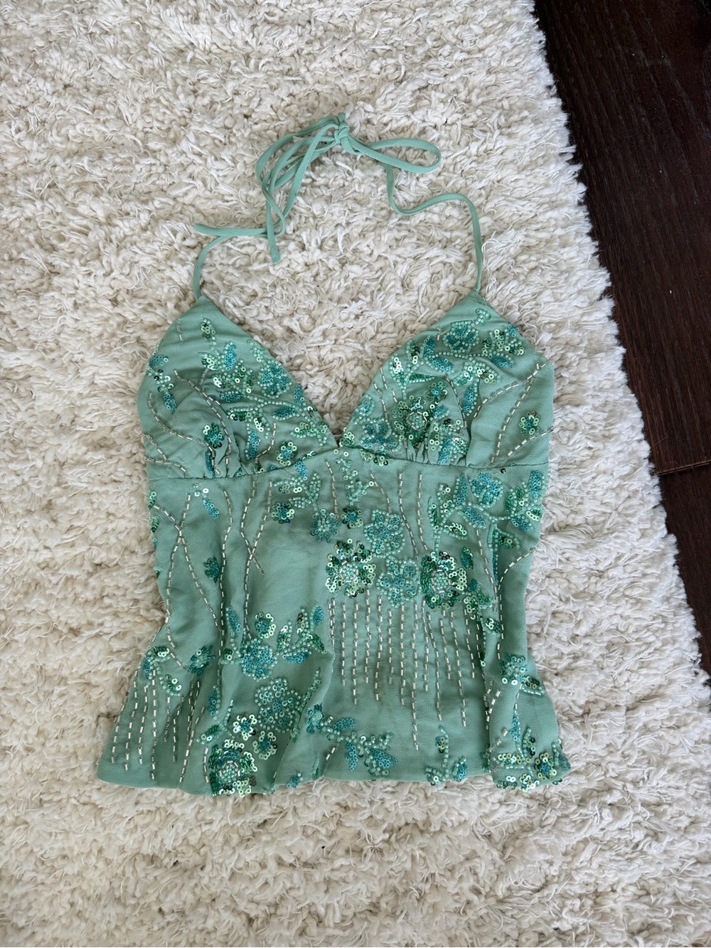 Princess Polly Green Beaded Tie Back Halter Top